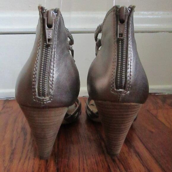 Gold Leather Gladiator Sandals Size 6 Strappy 3.5in Wood Heel Back Zip Moto Boho - Picture 6 of 15